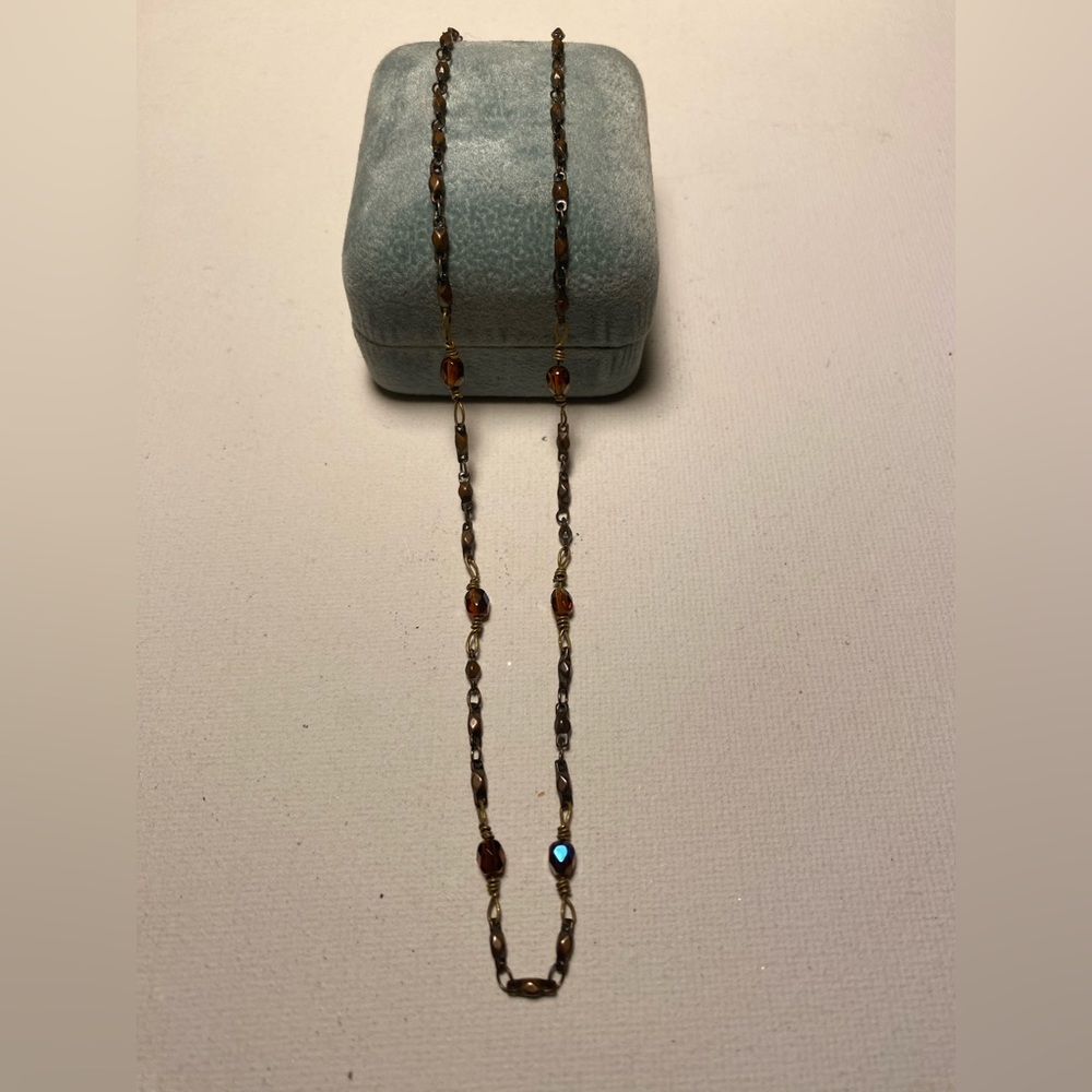 💛 Vintage handmade antique style brass, golden brown glass crystals necklace. - Picture 3 of 4